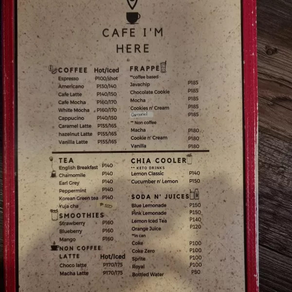 Cafe I'm Here Timog menu for drinks