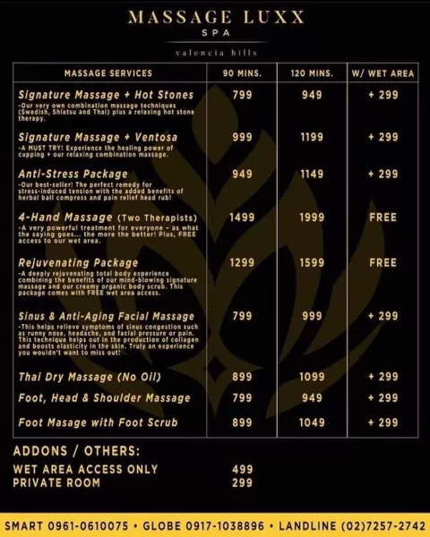 Massage Luxx Spa Massage Prices and Menu