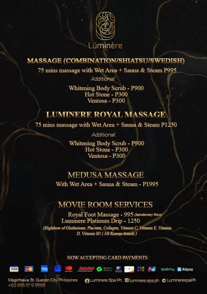 Luminere Spa Menu and Massage Packages