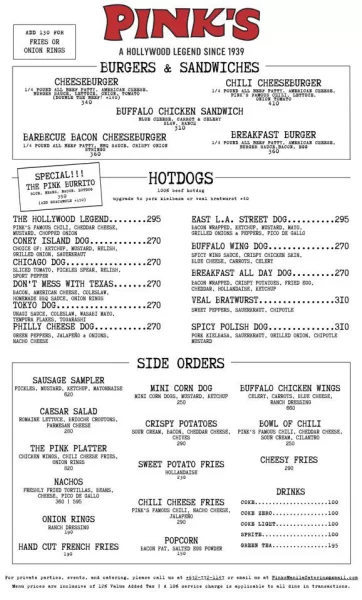Pink's Hotdogs and Burgers Menu