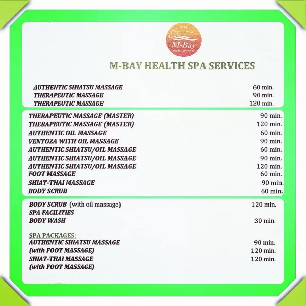 M-Bay Health Spa Massage Menu