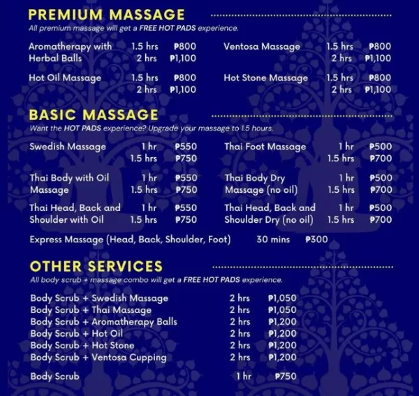 Nuat Thai Massage Menu and Price List