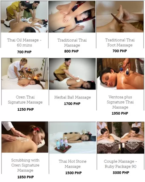 Oren Thai Massage Menu and Price List