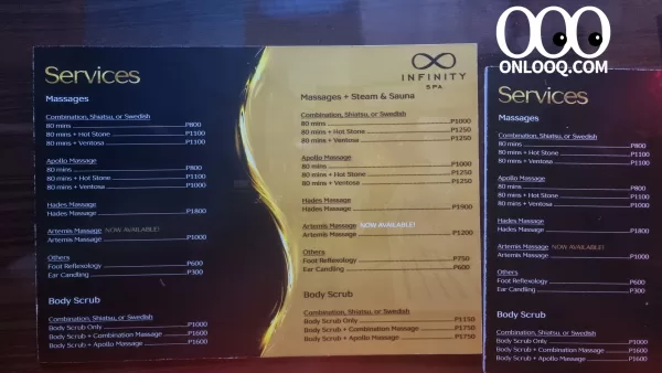 Infinity Spa Cubao Menu and Price List