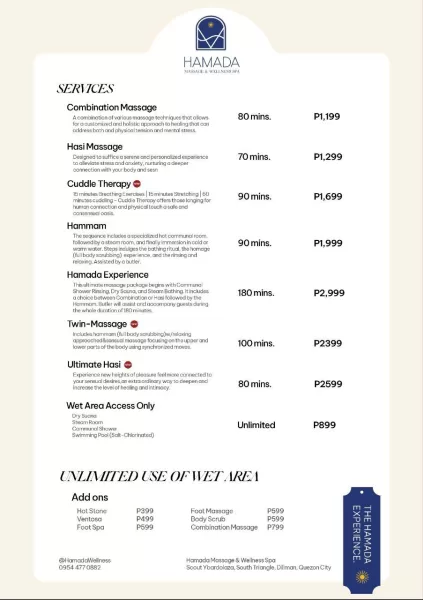 Hamada Massage and Wellness Spa Services Menu and Prices