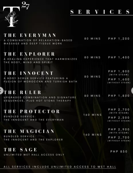 T Spa by 27Shaw Massage Services Menu and Prices